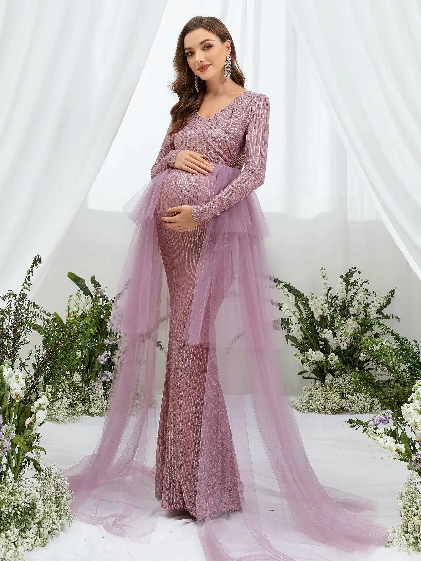 Maternity Surplice Nec Mesh Overlay Sequin Mermaid Dress