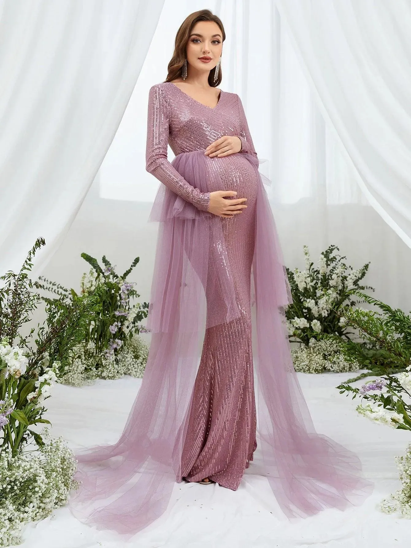 Maternity Surplice Nec Mesh Overlay Sequin Mermaid Dress