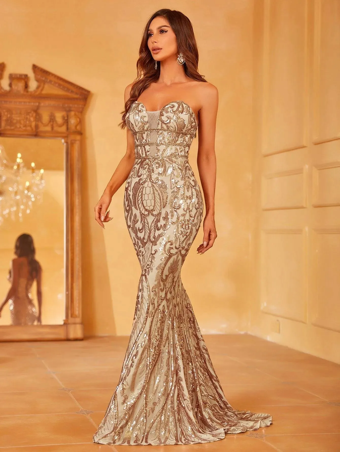 Mesh Insert Sequin Tube Mermaid Party Dress