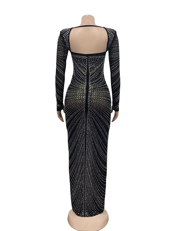 Momnfancy Black Mesh Rhinestone Backless Mermaid Evening Gown Elegant Maternity Club Photoshoot Maxi Dress