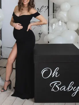 Momnfancy Black Off Shoulder Side Slit Bodycon Baby Shower Photoshoot Gown Maternity Maxi Dress