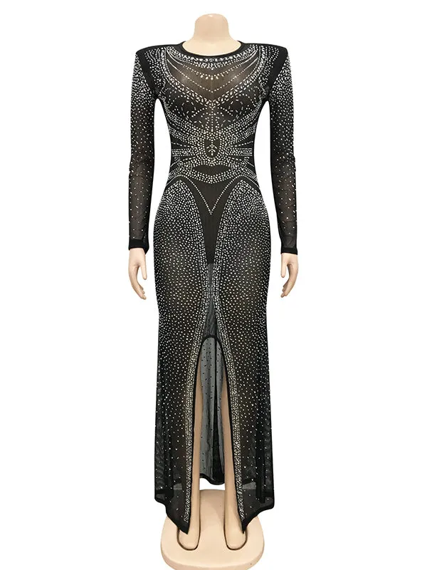 Momnfancy Diamond Mesh Rhinestone Side Slit Round Neck Sheer Mermaid Evening Gown Elegant Maternity Club Photoshoot Maxi Dress