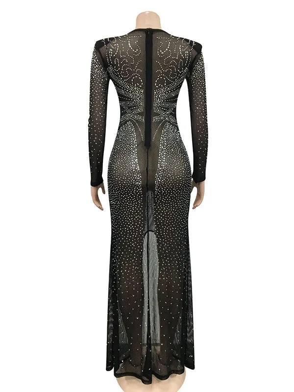 Momnfancy Diamond Mesh Rhinestone Side Slit Round Neck Sheer Mermaid Evening Gown Elegant Maternity Club Photoshoot Maxi Dress