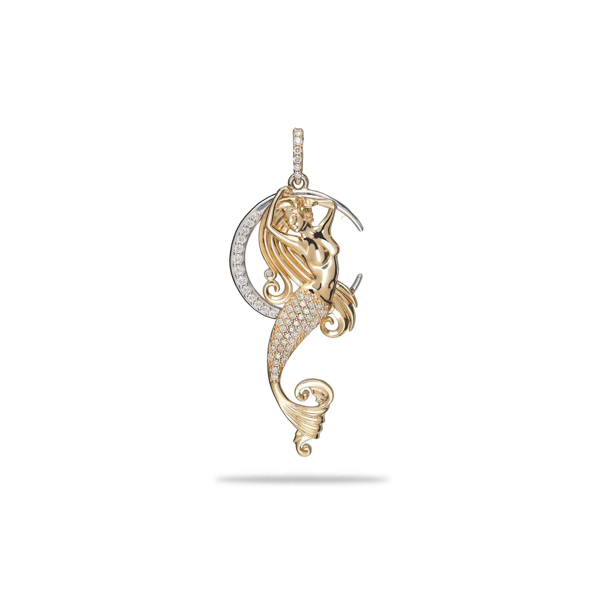 Moon Mermaid Pendant in Two Tone Gold with Diamonds - 42mm