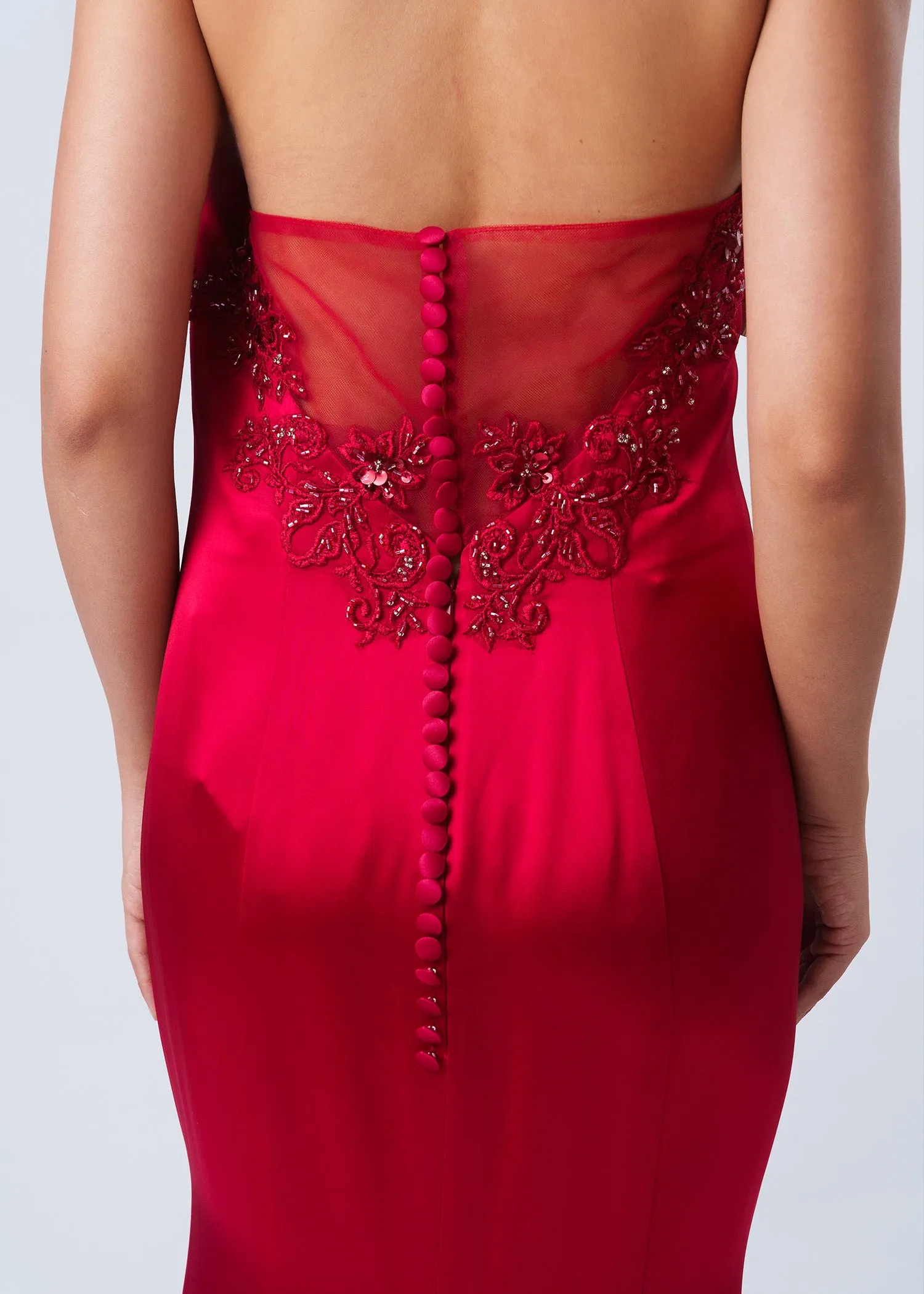 Nasturtium Halter Satin Lace Qipao (Deep Red) - RTW