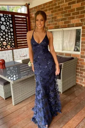 Navy Blue Mermaid Lace Long Evening Dress Formal Prom Dress SH673