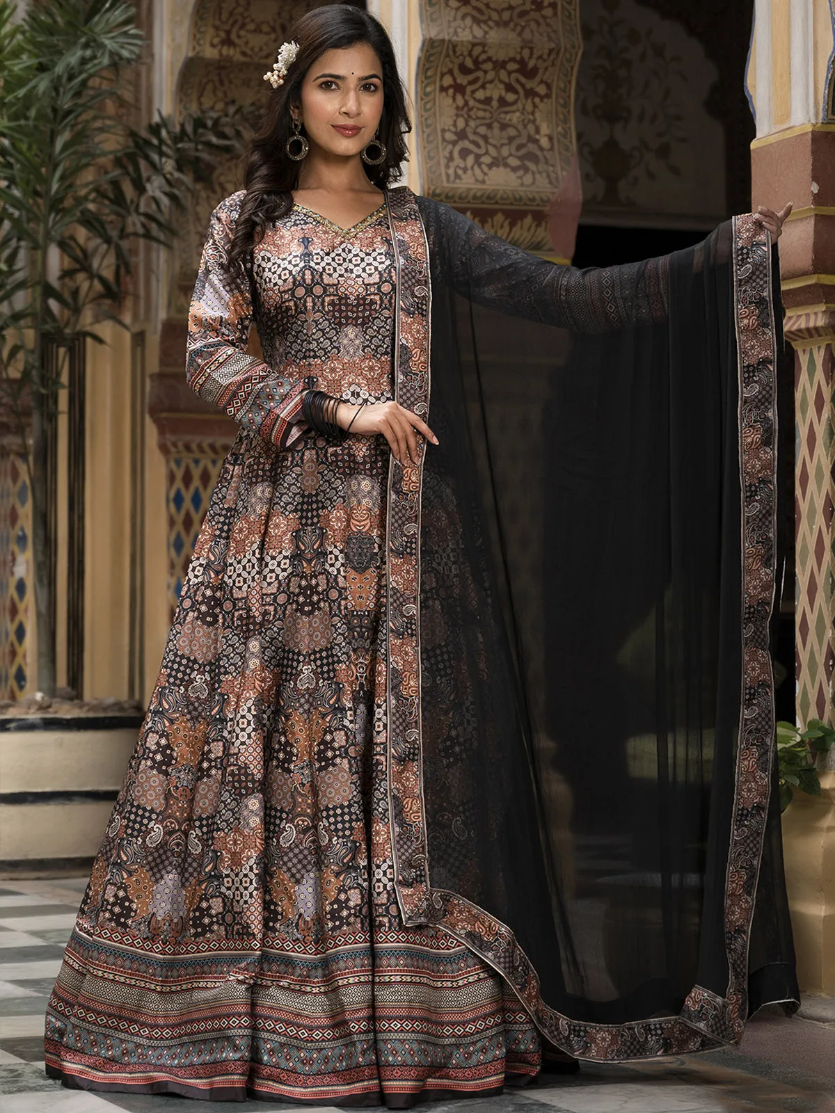 Odette Black Silk Stitched Gown with Dupatta For Women