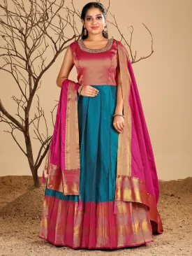 Odette Blue and Pink Banarasi  Woven Stitched Gown  for Women