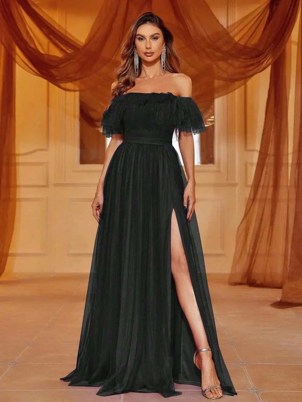 Off Shoulder Ruffle Trim Split Thigh A Line Dress