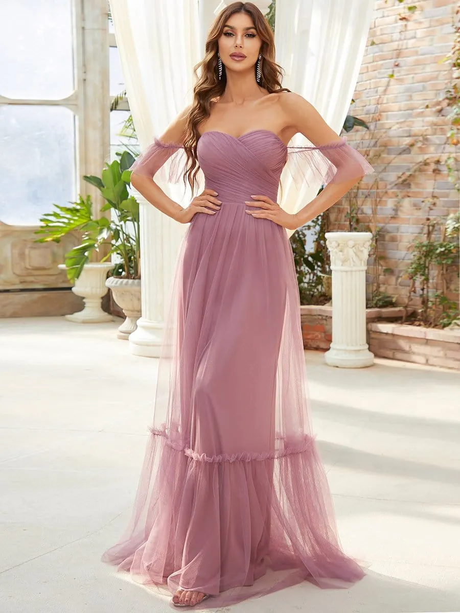 Off-Shoulder Sweetheart Double Layer Pleated Evening Dress