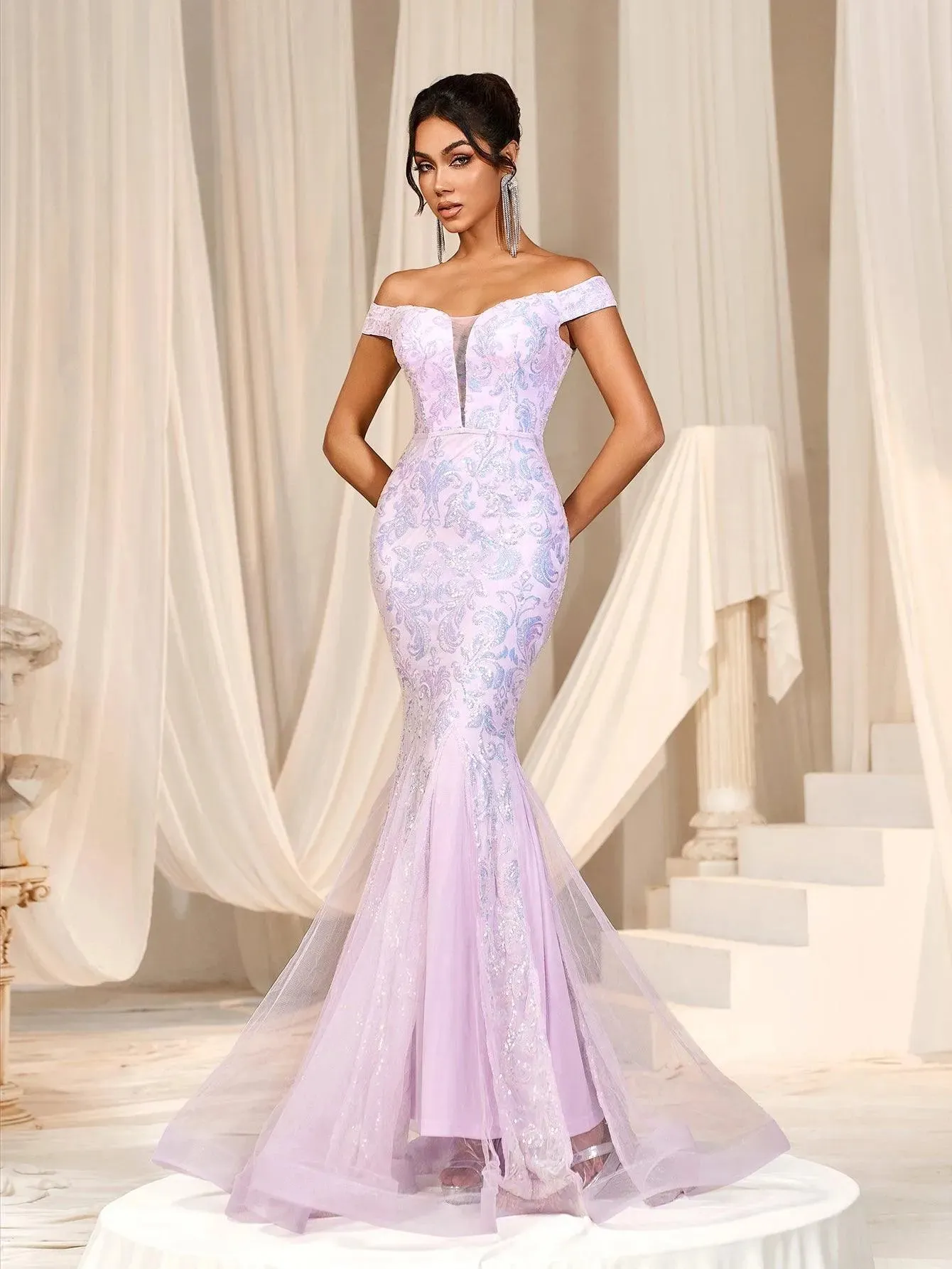 Off Shoulder Sweetheart Mesh Insert Mermaid Dress