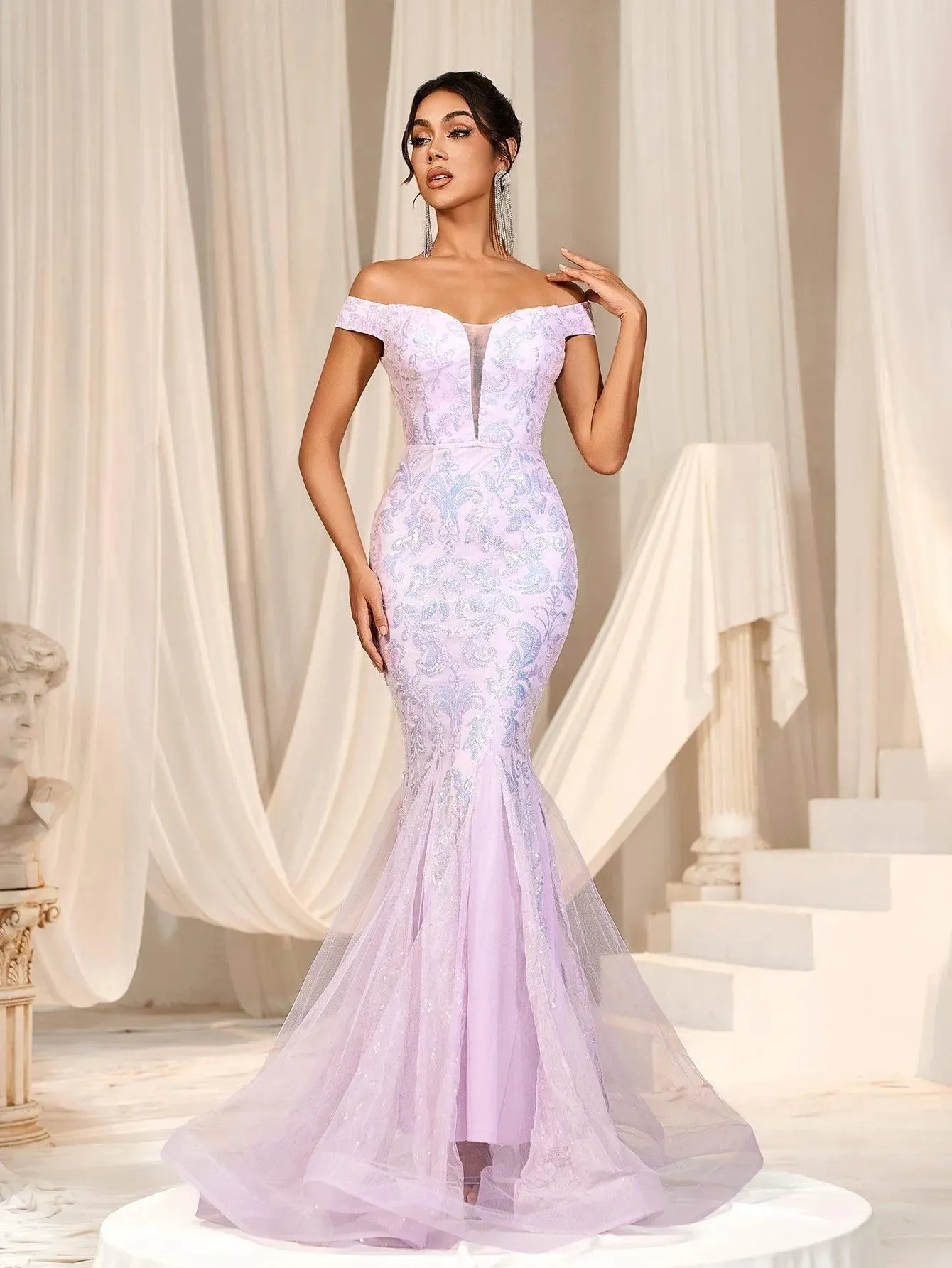 Off Shoulder Sweetheart Mesh Insert Mermaid Dress