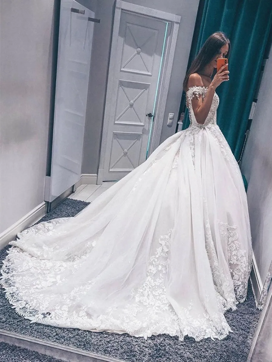 Off Shoulder White Lace Appliques Long Wedding, Off the Shoulder White Lace Prom, White Formal Evening