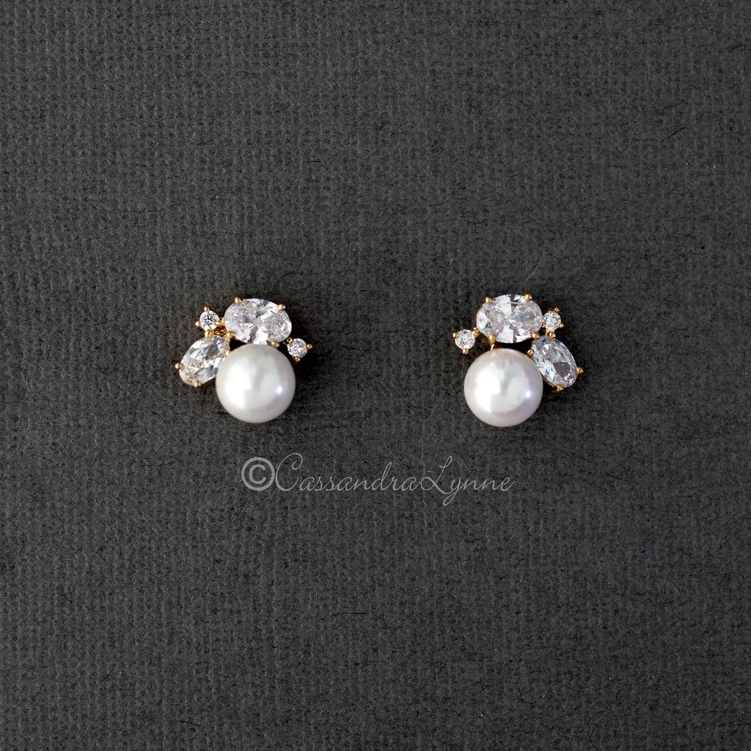 Pearl Stud Earrings with Oval CZ