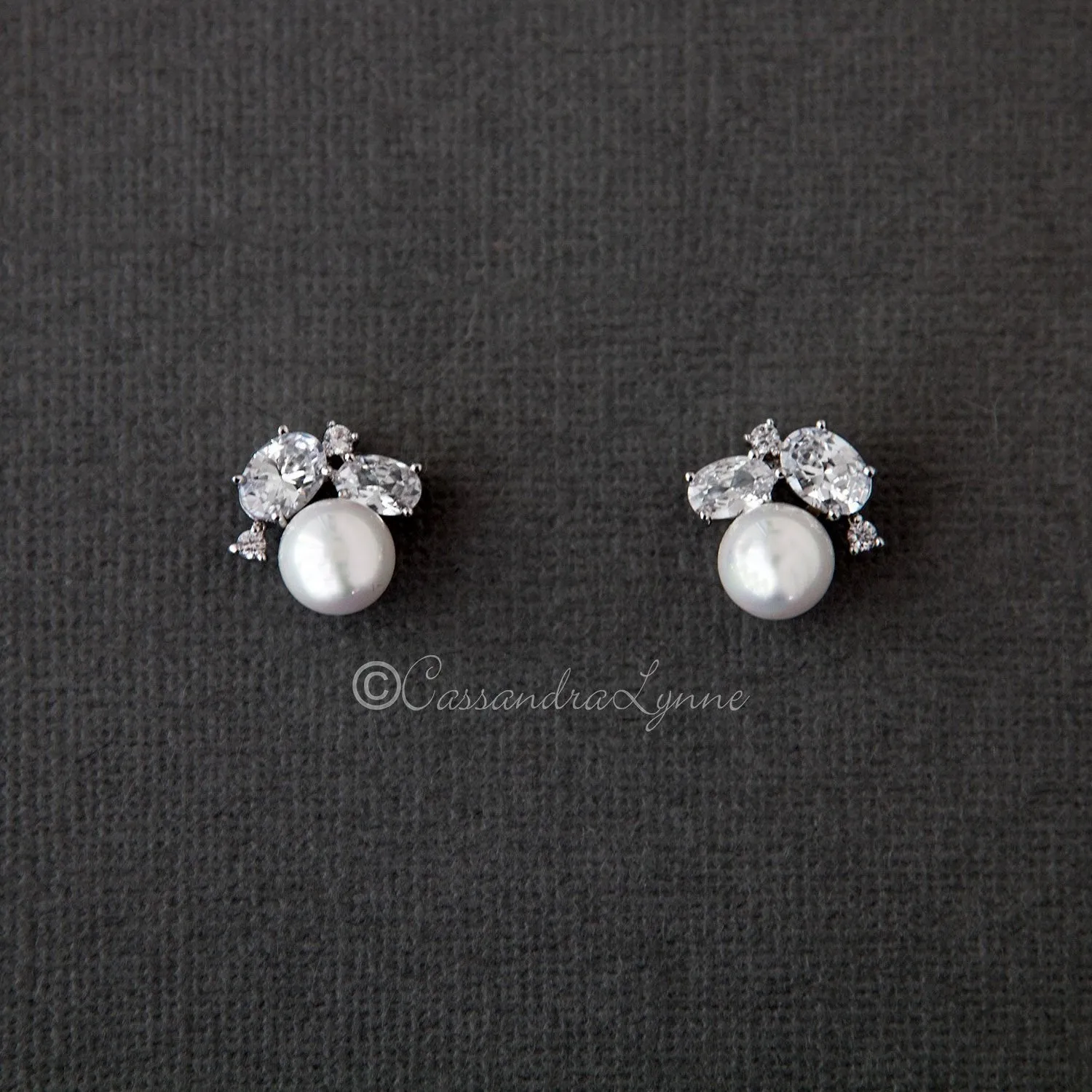 Pearl Stud Earrings with Oval CZ