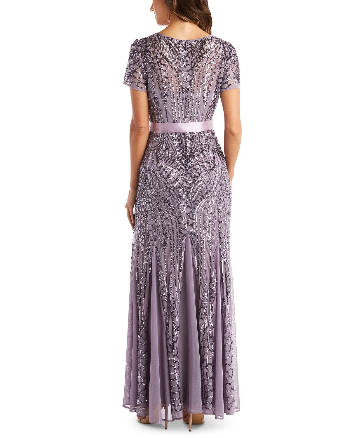 Petite Women's One Piece Short Sleeve Embellished Sequin Evening Gown