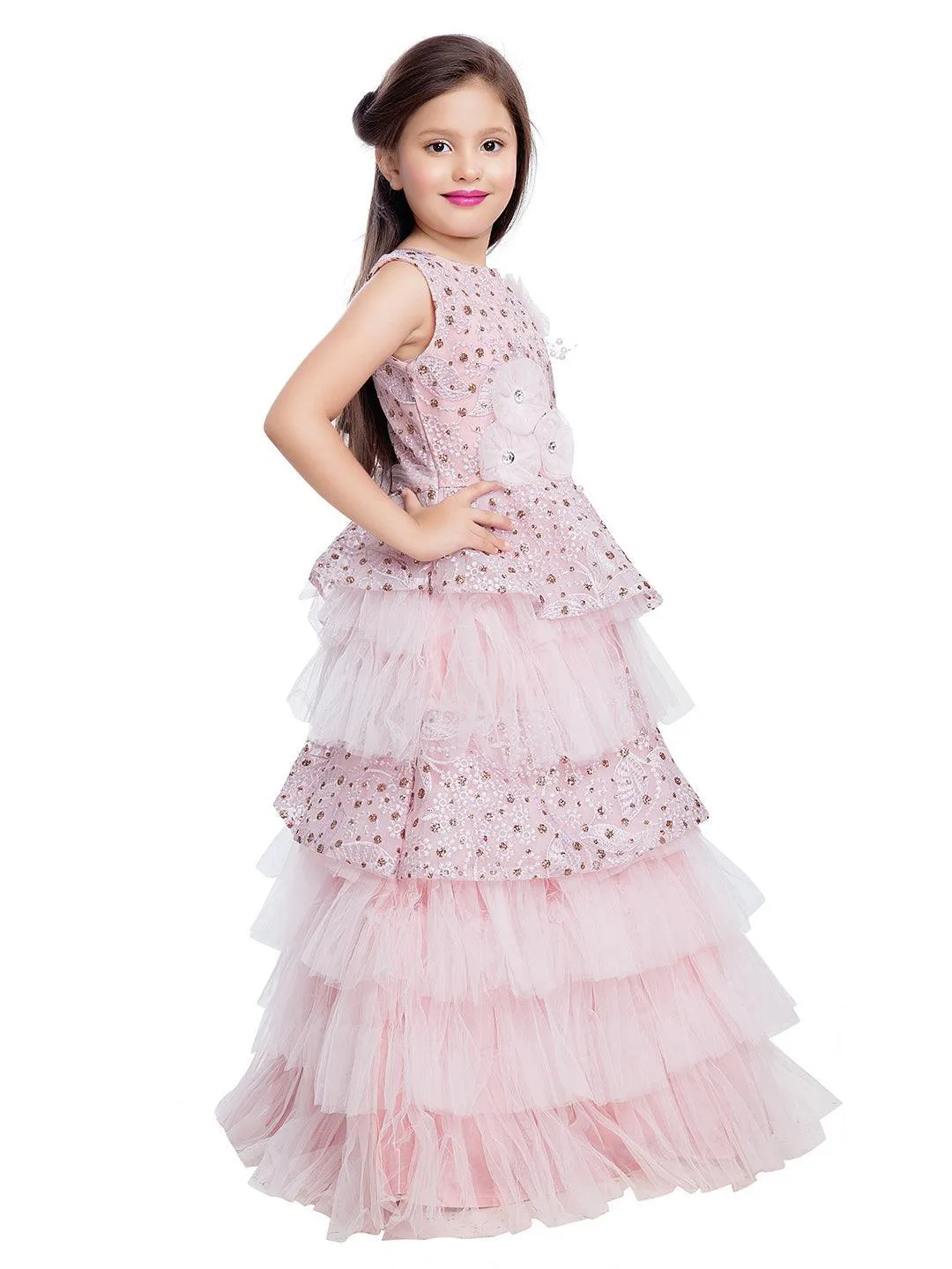 Pink Coloured Imported Fabric Layered Styled Gown For Girls