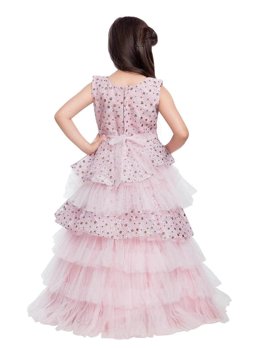 Pink Coloured Imported Fabric Layered Styled Gown For Girls