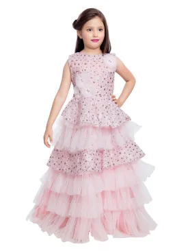 Pink Coloured Imported Fabric Layered Styled Gown For Girls