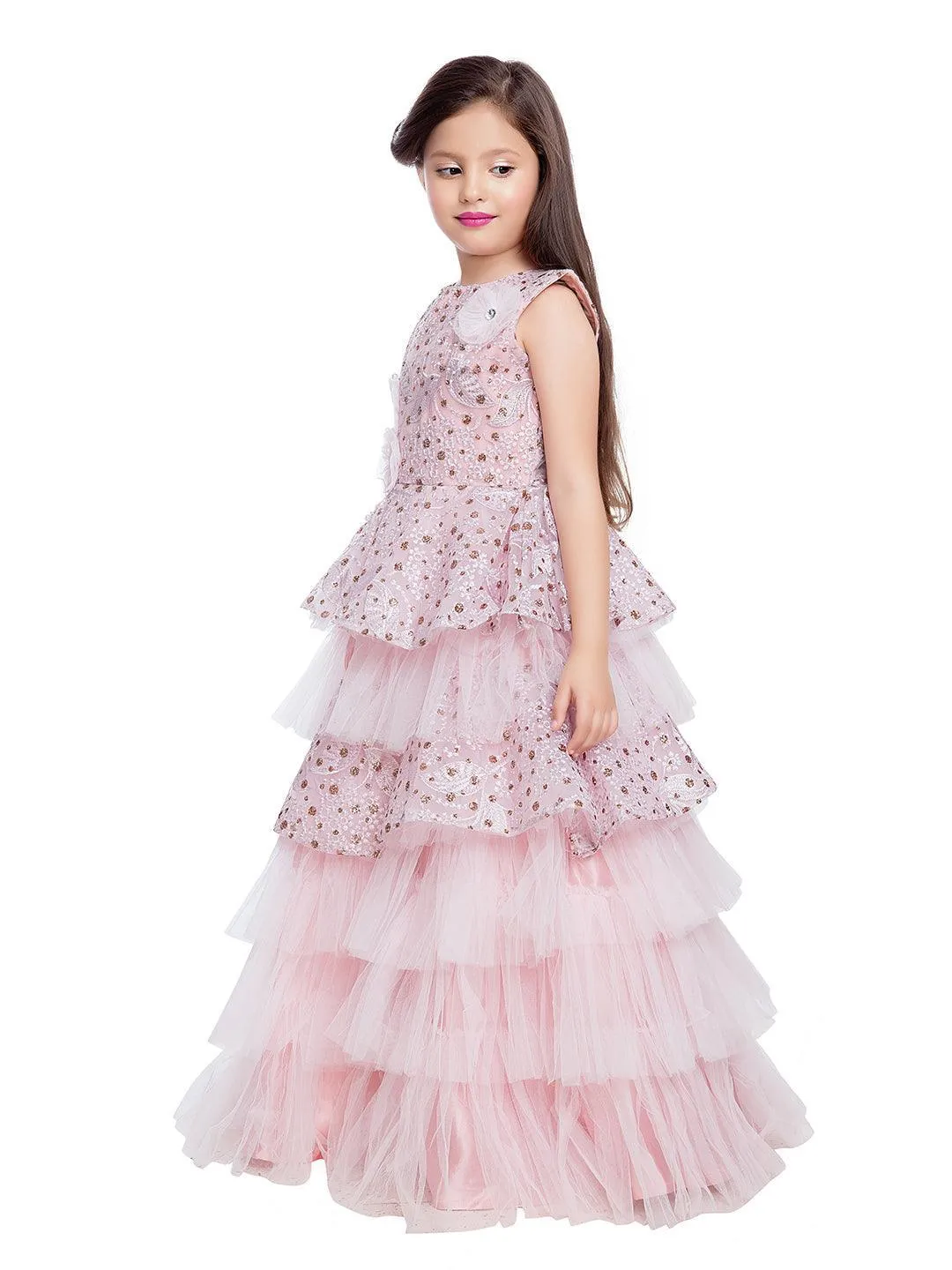 Pink Coloured Imported Fabric Layered Styled Gown For Girls