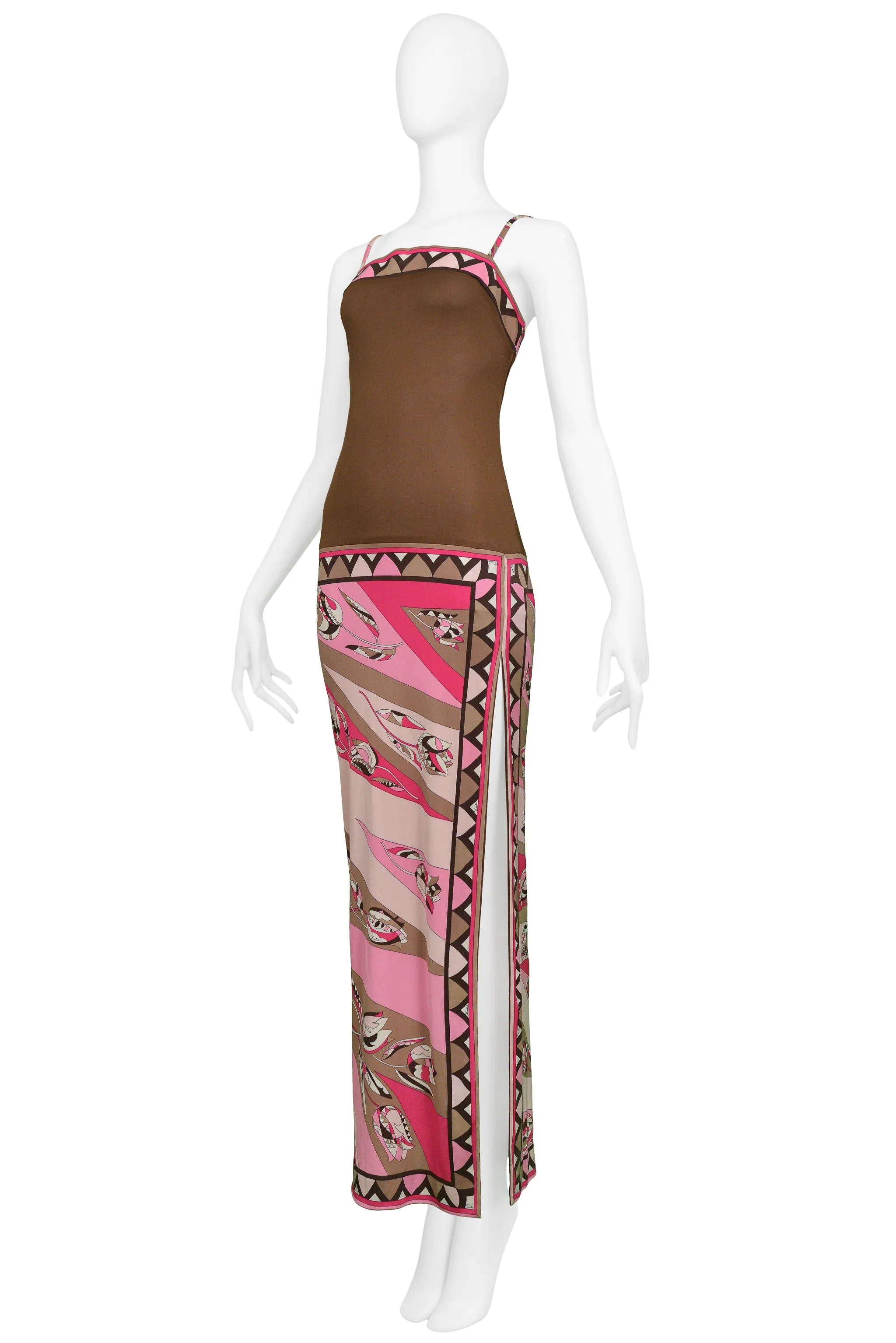 PUCCI PINK & BROWN SILK JERSEY GOWN ABSTRACT PRINT