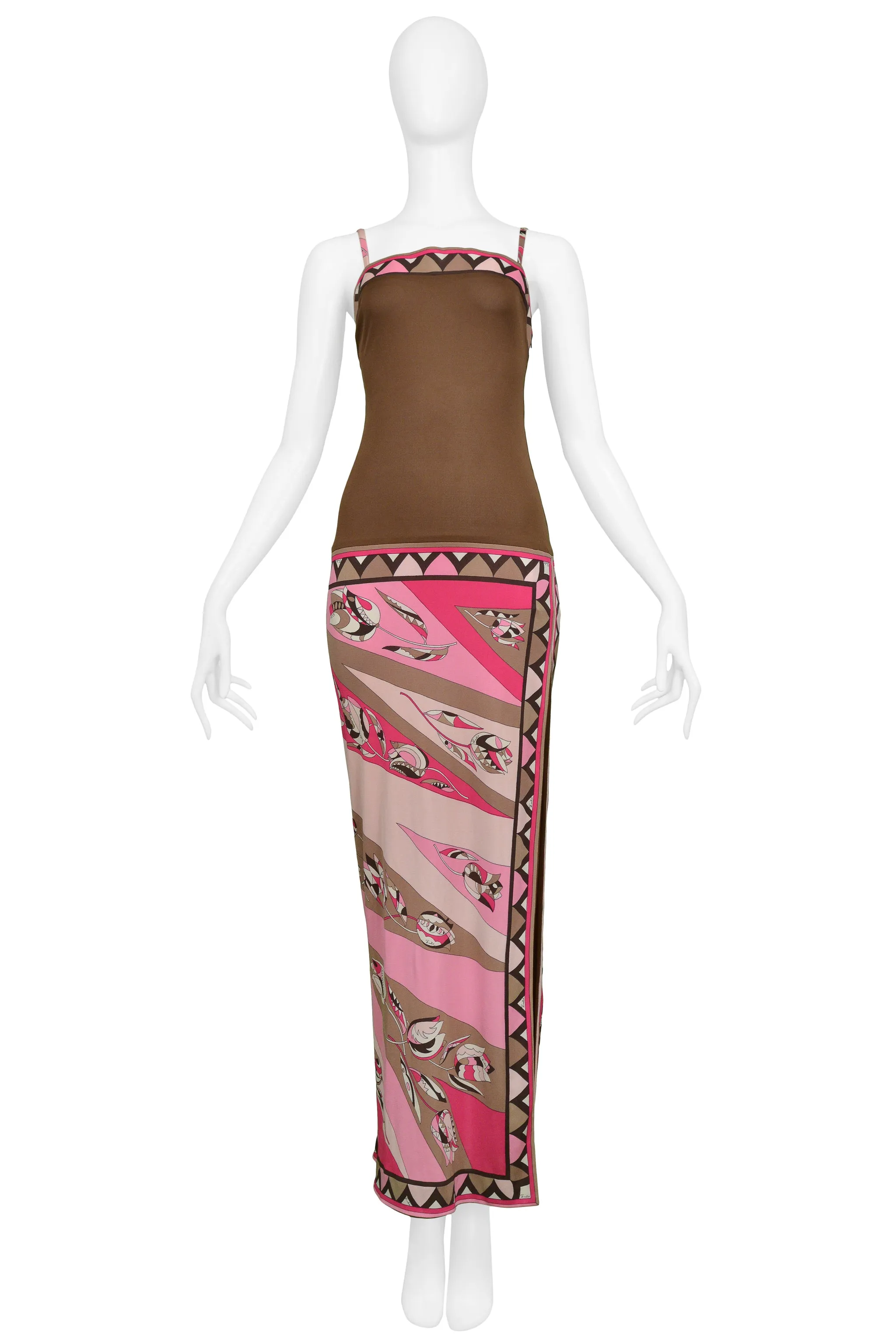 PUCCI PINK & BROWN SILK JERSEY GOWN ABSTRACT PRINT