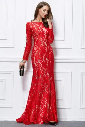 Red Lace Long Sleeve Prom Dress Evening Gown