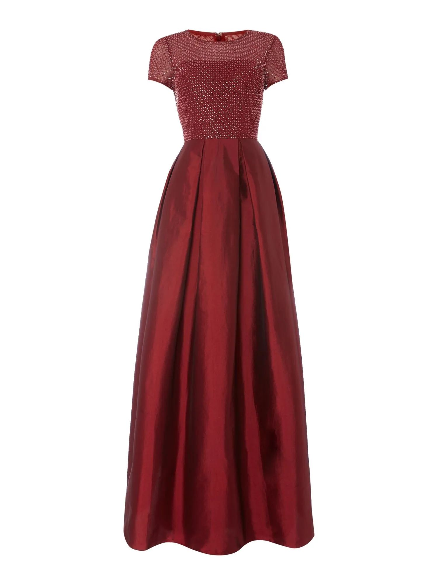 Red Short Sleeves Embellished Flare Gown