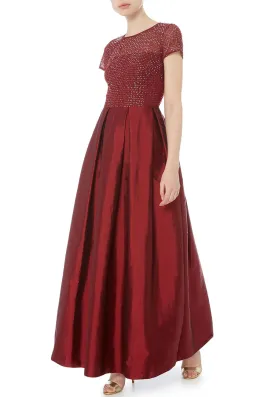 Red Short Sleeves Embellished Flare Gown