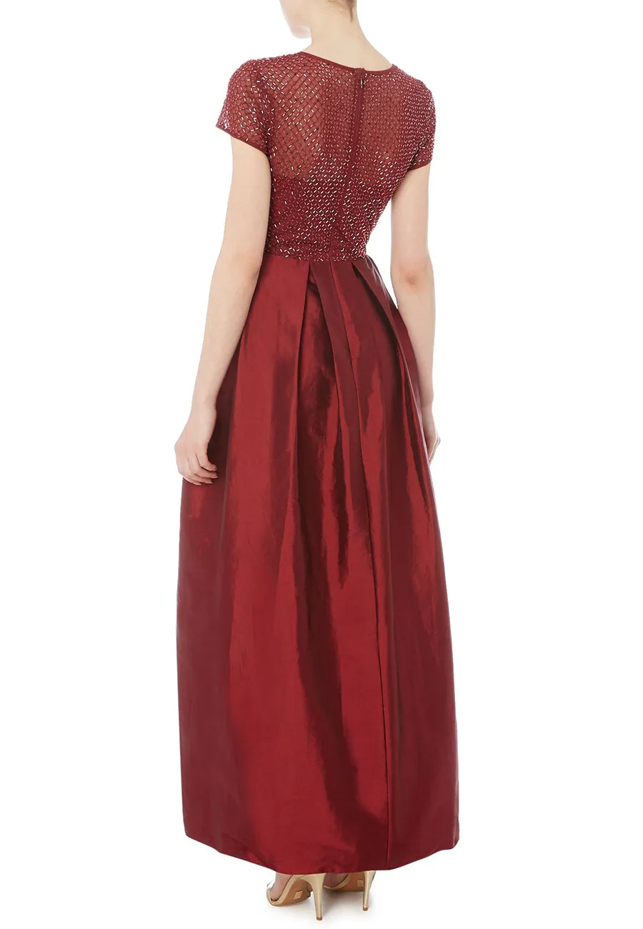 Red Short Sleeves Embellished Flare Gown