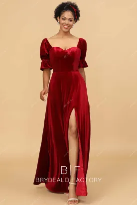 Red Velvet Half Sleeves Slit A-line Long Dress