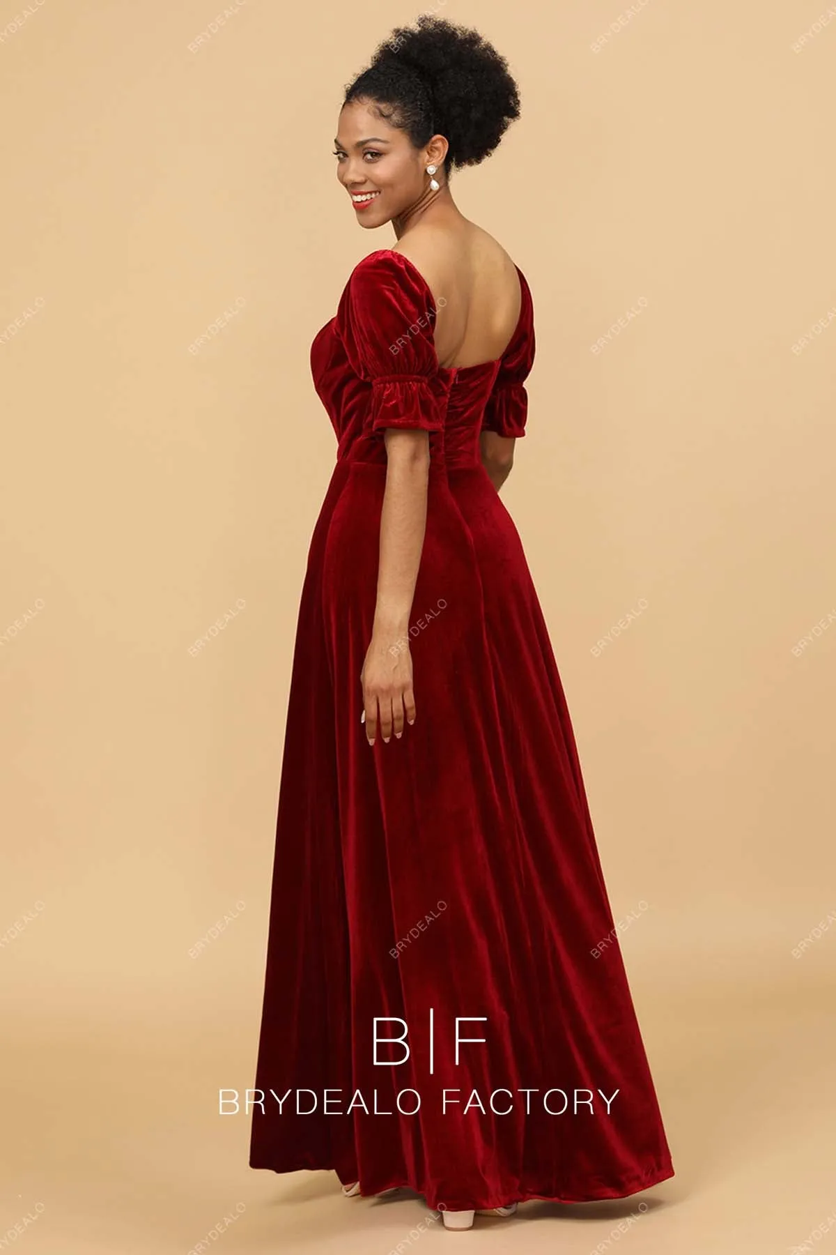 Red Velvet Half Sleeves Slit A-line Long Dress