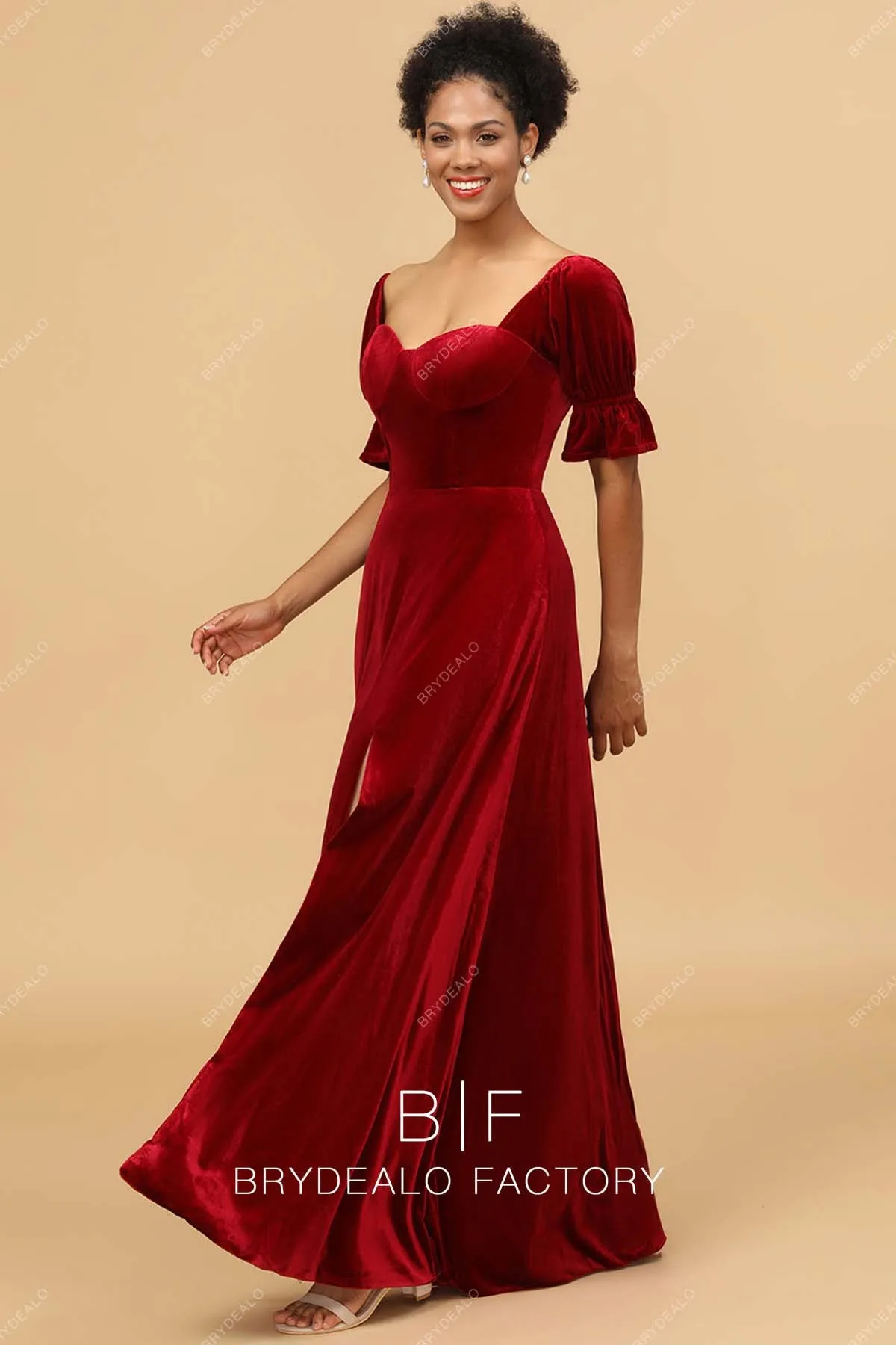 Red Velvet Half Sleeves Slit A-line Long Dress