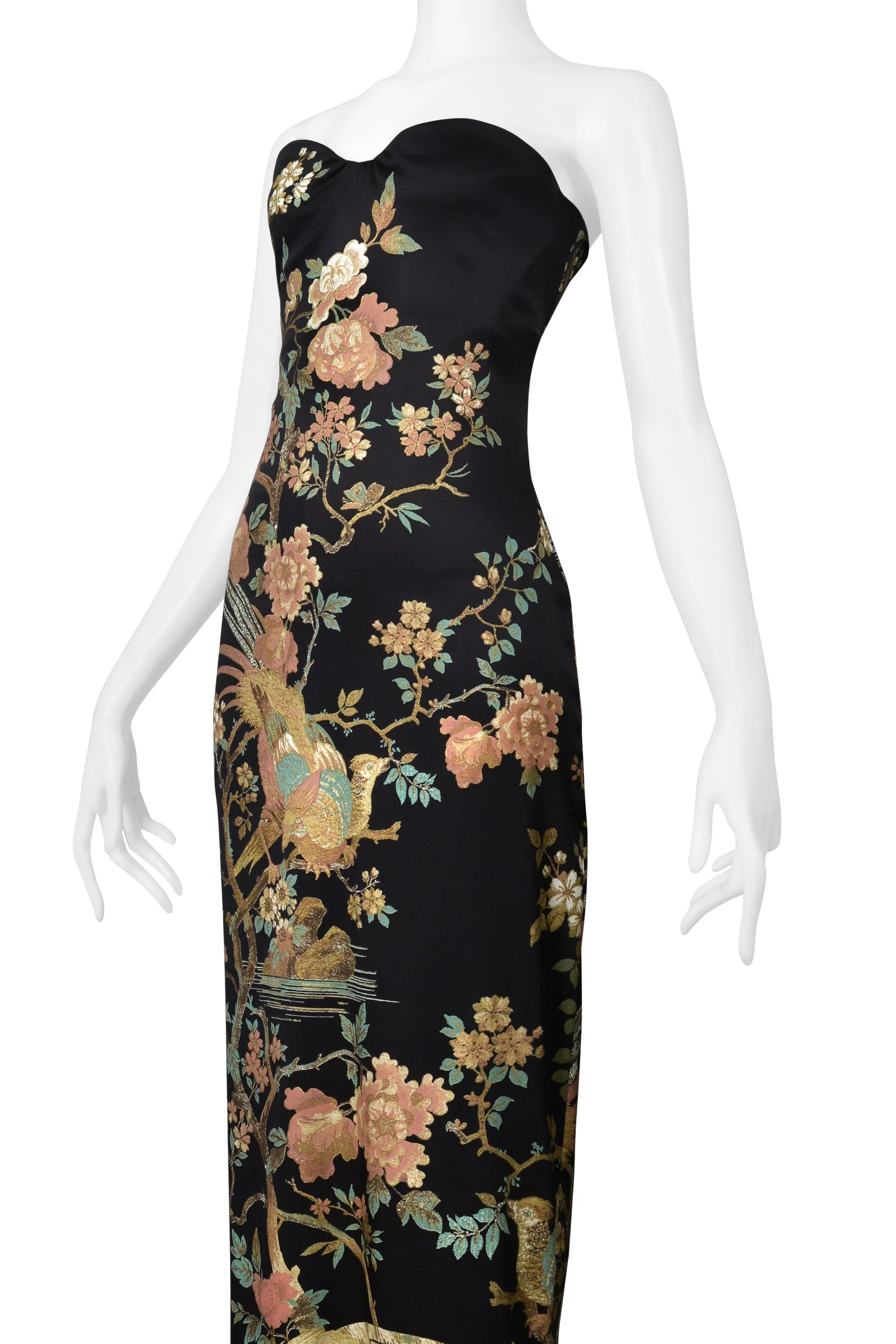 ROBERTO CAVALLI BLACK SATIN STRAPLESS GOWN WITH ASIAN FLORAL PRINT AW 2006