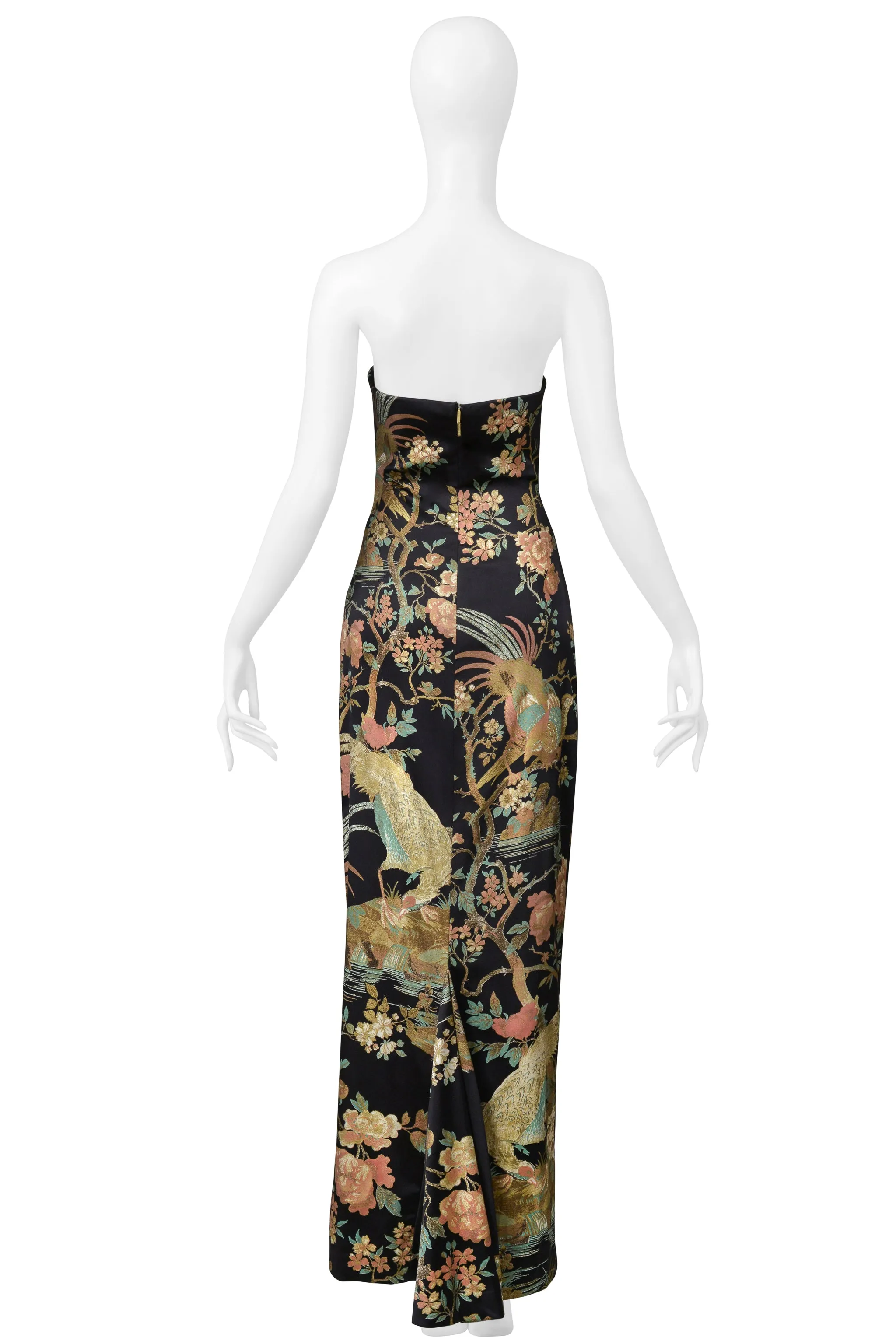 ROBERTO CAVALLI BLACK SATIN STRAPLESS GOWN WITH ASIAN FLORAL PRINT AW 2006