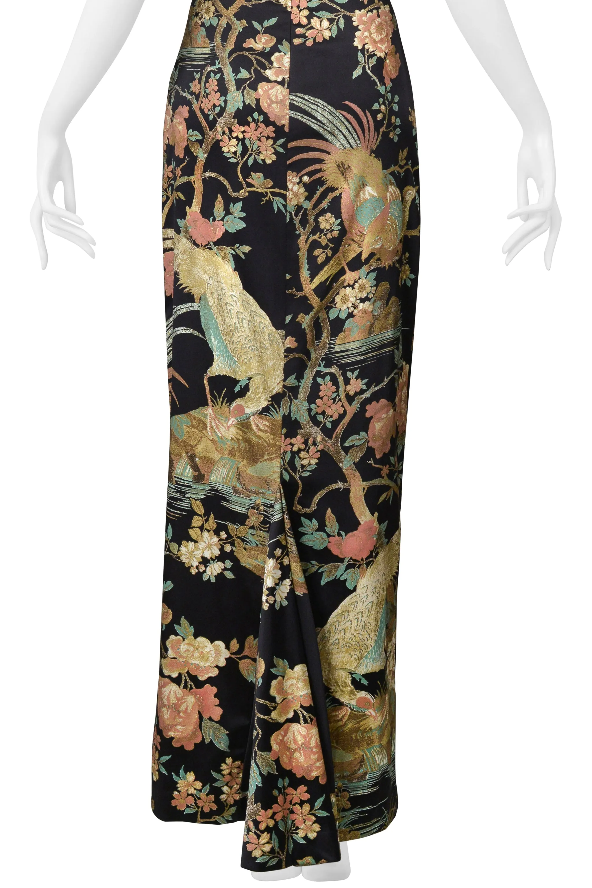 ROBERTO CAVALLI BLACK SATIN STRAPLESS GOWN WITH ASIAN FLORAL PRINT AW 2006