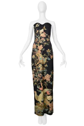 ROBERTO CAVALLI BLACK SATIN STRAPLESS GOWN WITH ASIAN FLORAL PRINT AW 2006