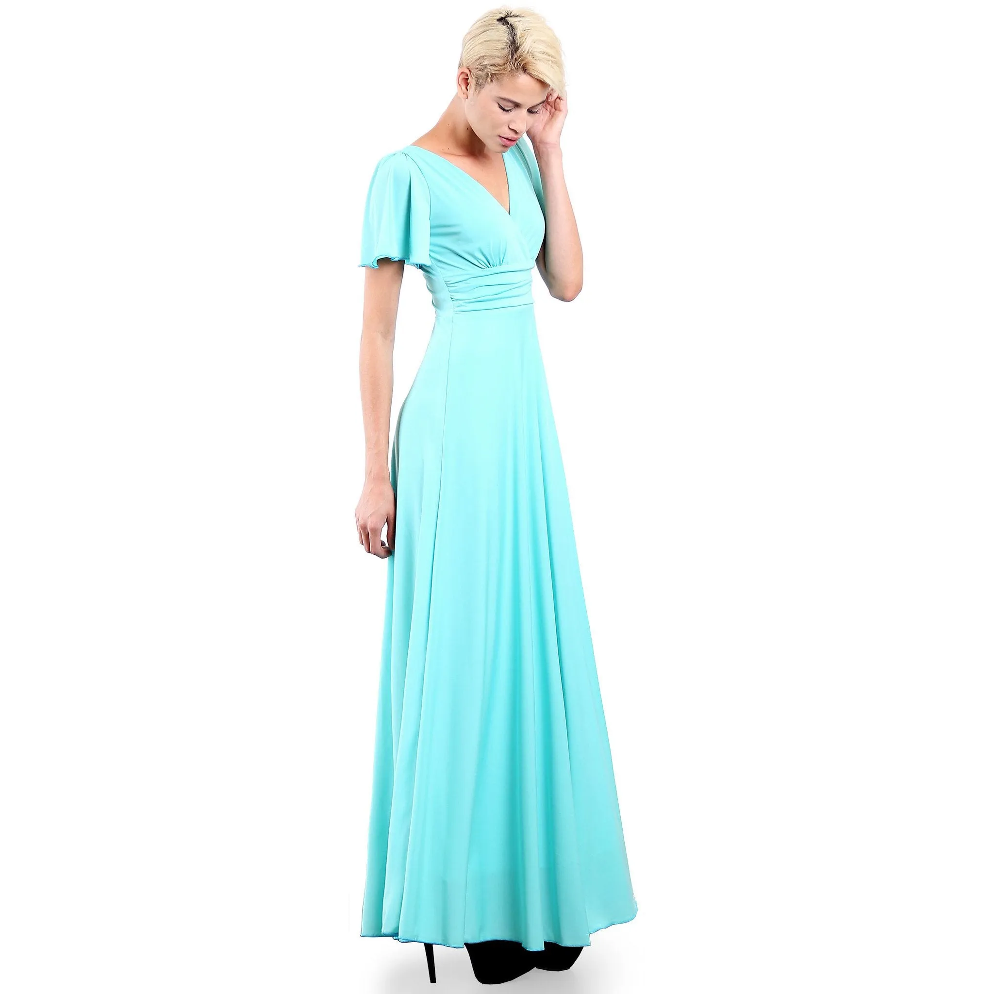 Short Flutter Sleeve V Neck Long Evening Dress