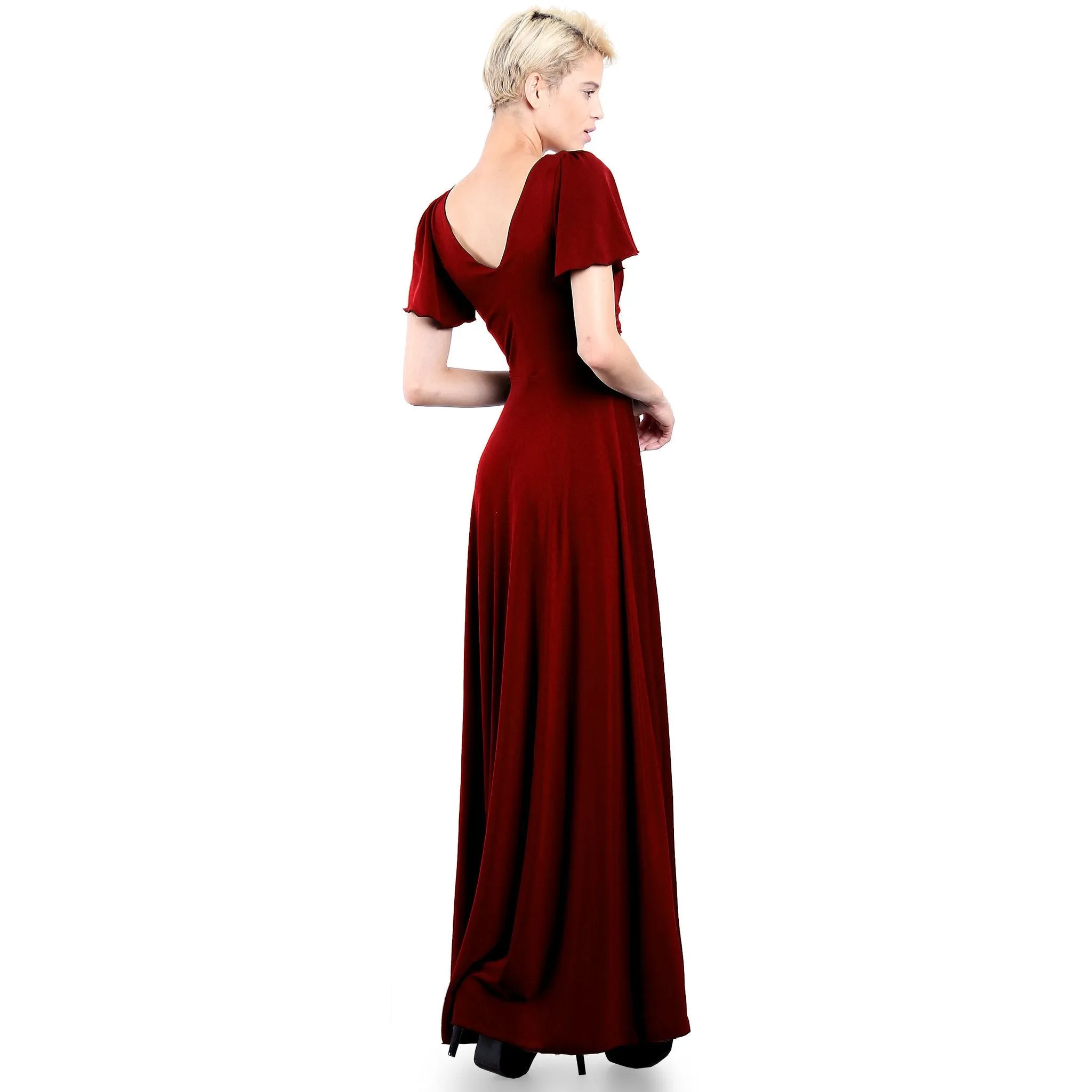 Short Flutter Sleeve V Neck Long Evening Dress