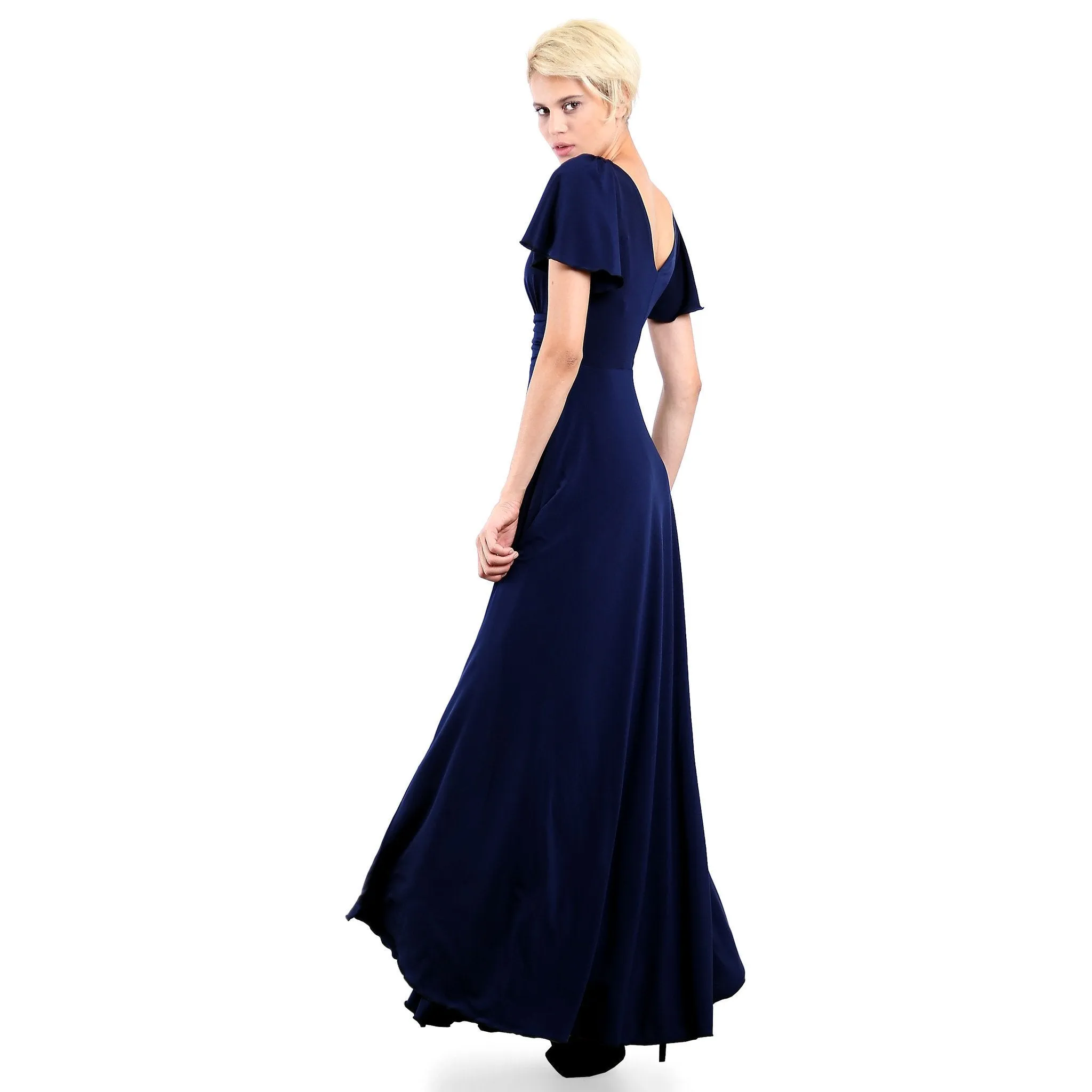 Short Flutter Sleeve V Neck Long Evening Dress