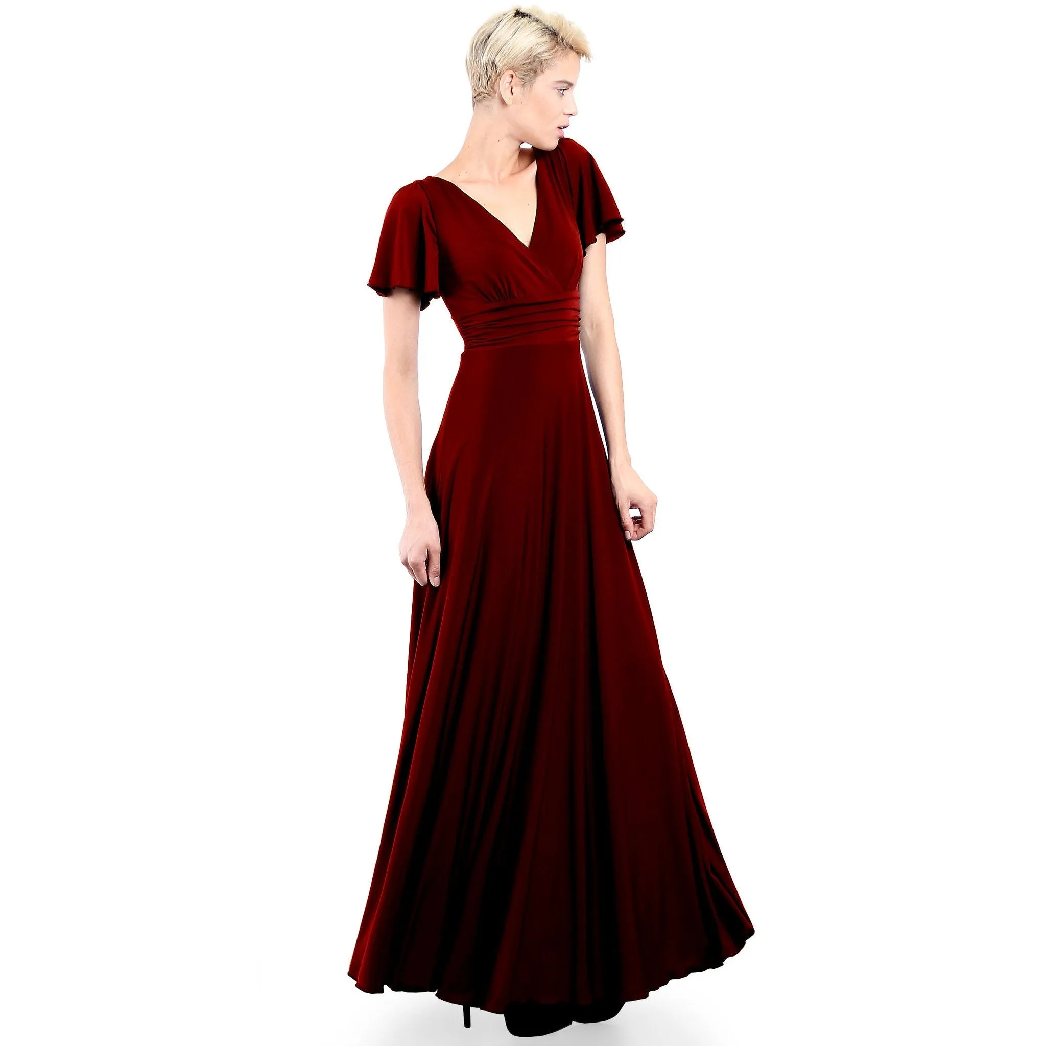 Short Flutter Sleeve V Neck Long Evening Dress