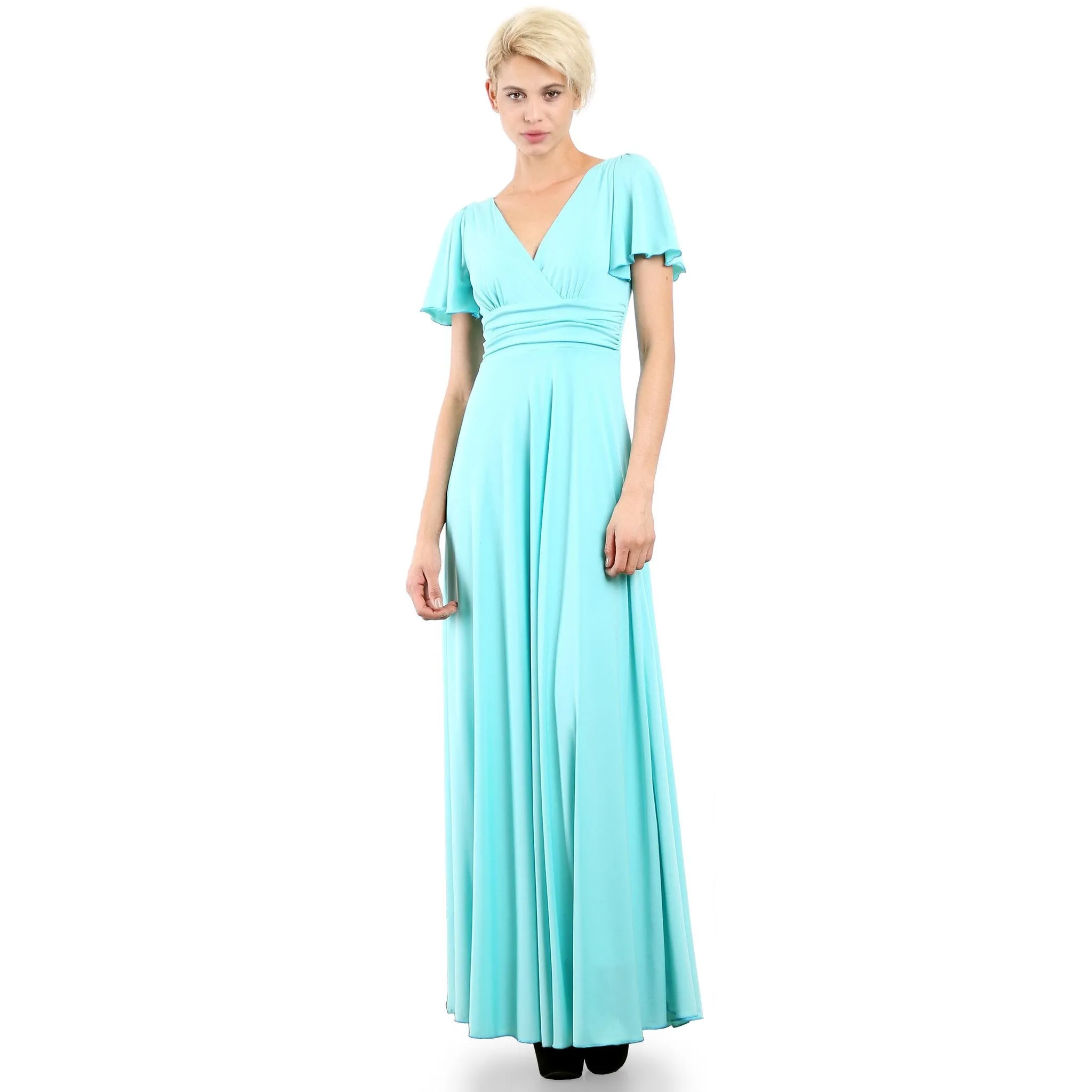 Short Flutter Sleeve V Neck Long Evening Dress