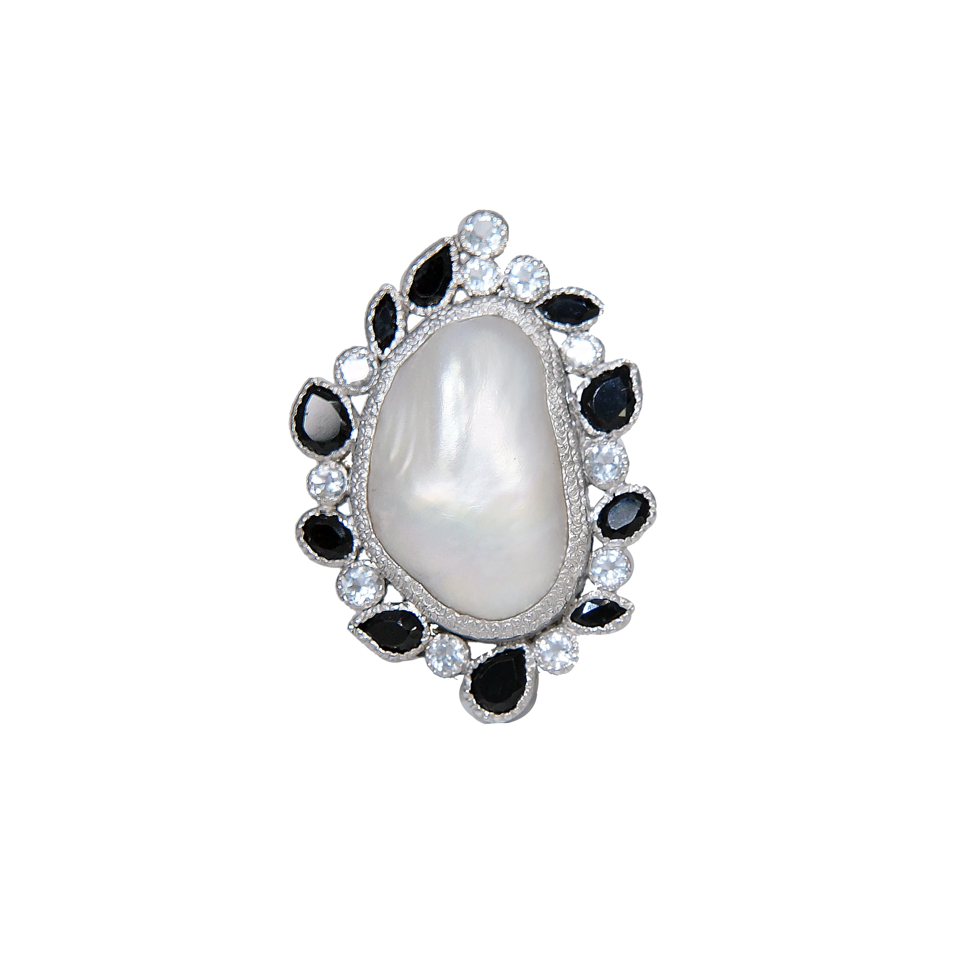 Silver Spinel and Baroque Pearl Ring