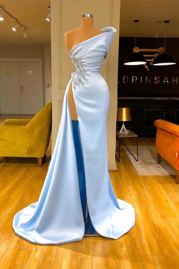 Sky Blue One shoulder High split Beaded Long Mermaid Prom Dress