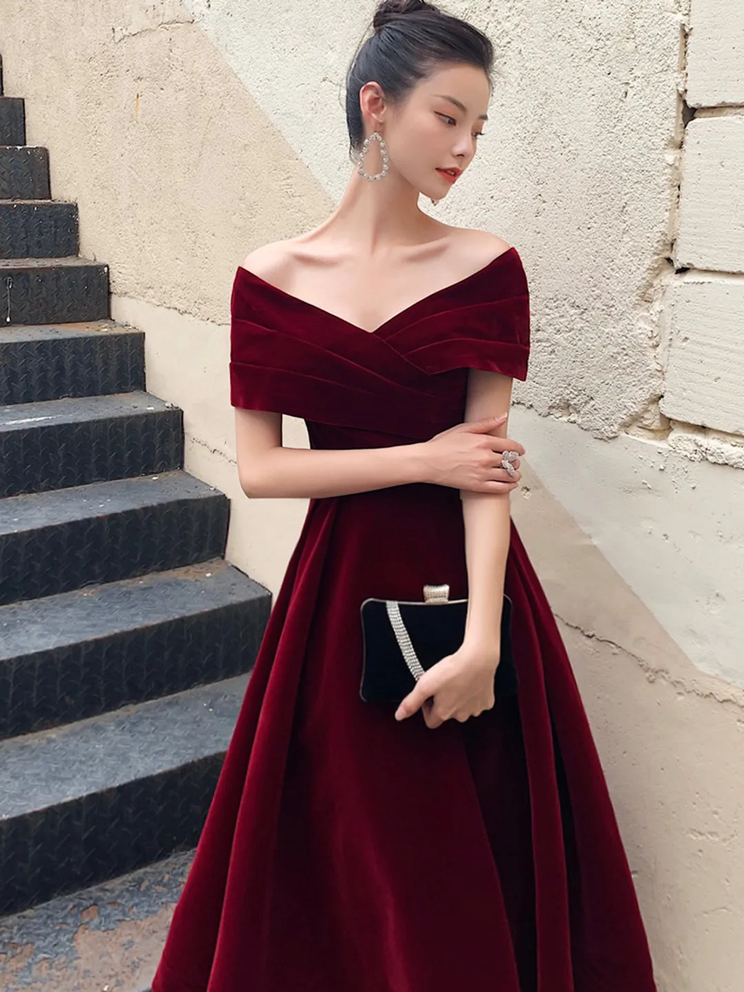 solvbao Burgundy V-Neck Velvet Long Prom Dress, Off Shoulder Evening Party Dress