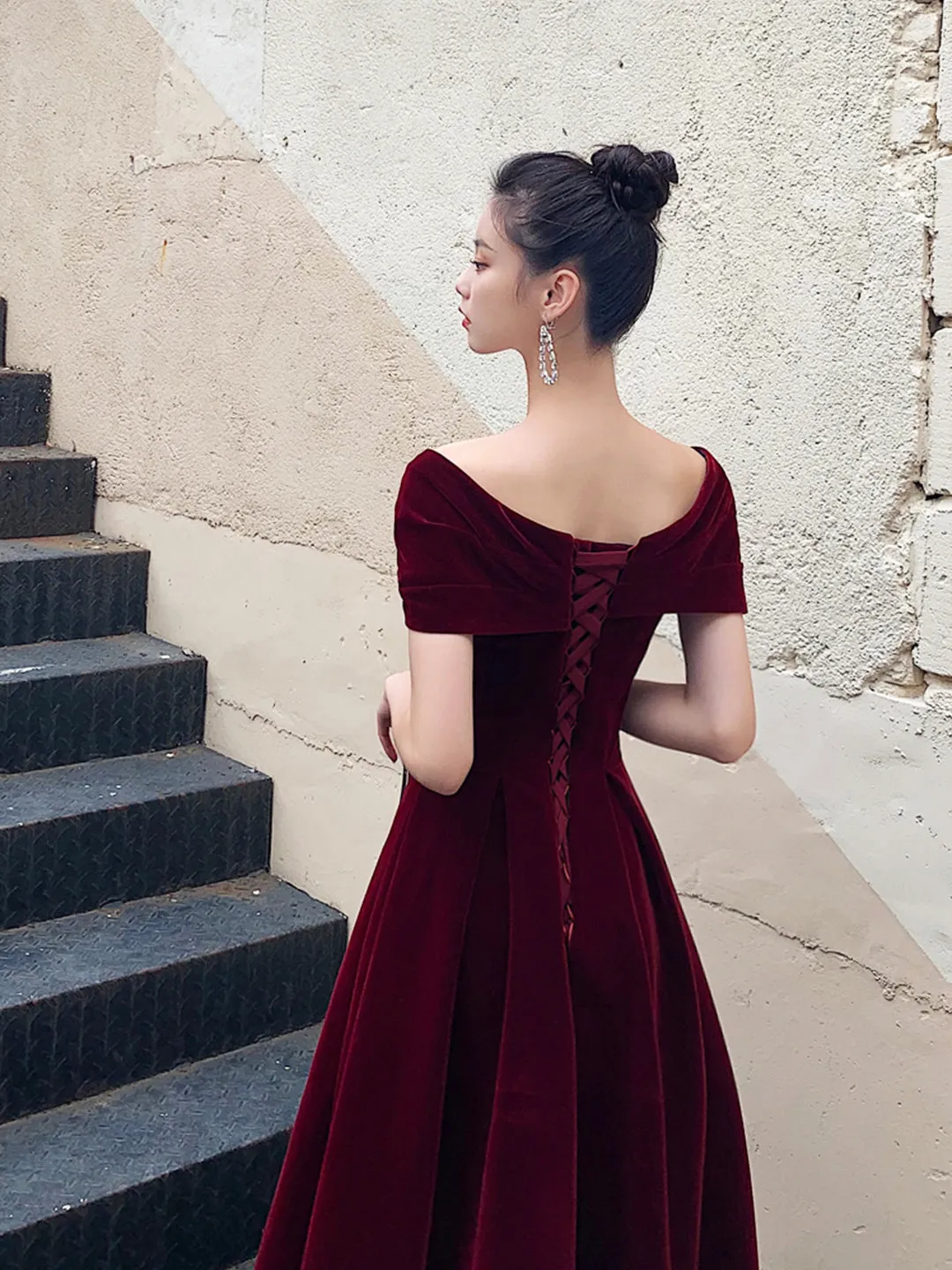 solvbao Burgundy V-Neck Velvet Long Prom Dress, Off Shoulder Evening Party Dress