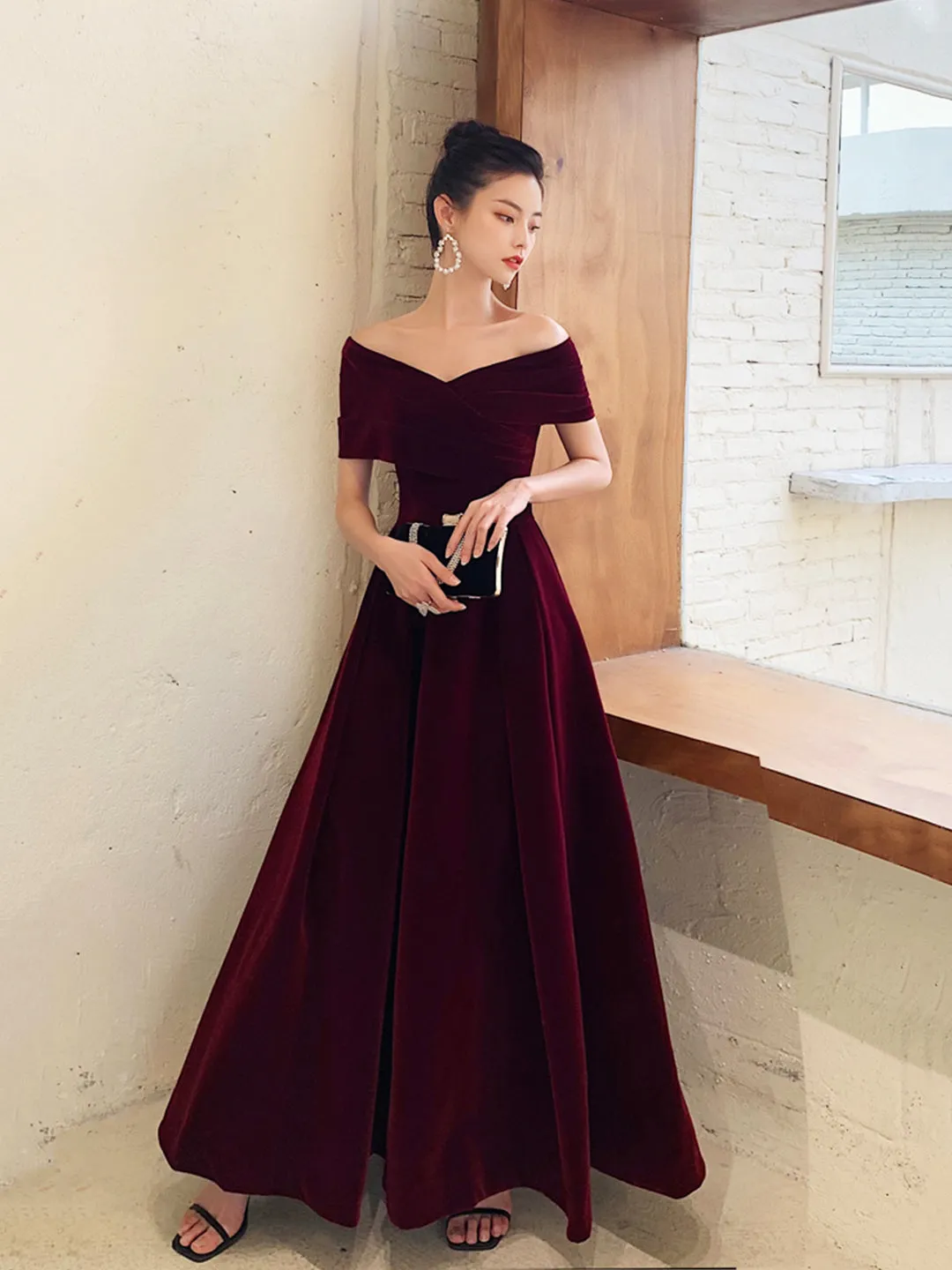 solvbao Burgundy V-Neck Velvet Long Prom Dress, Off Shoulder Evening Party Dress