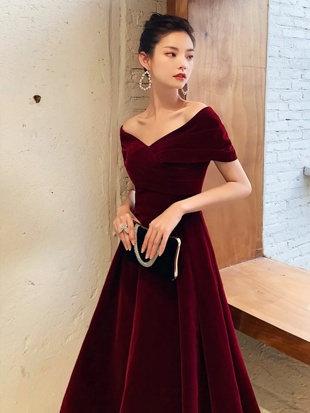 solvbao Burgundy V-Neck Velvet Long Prom Dress, Off Shoulder Evening Party Dress