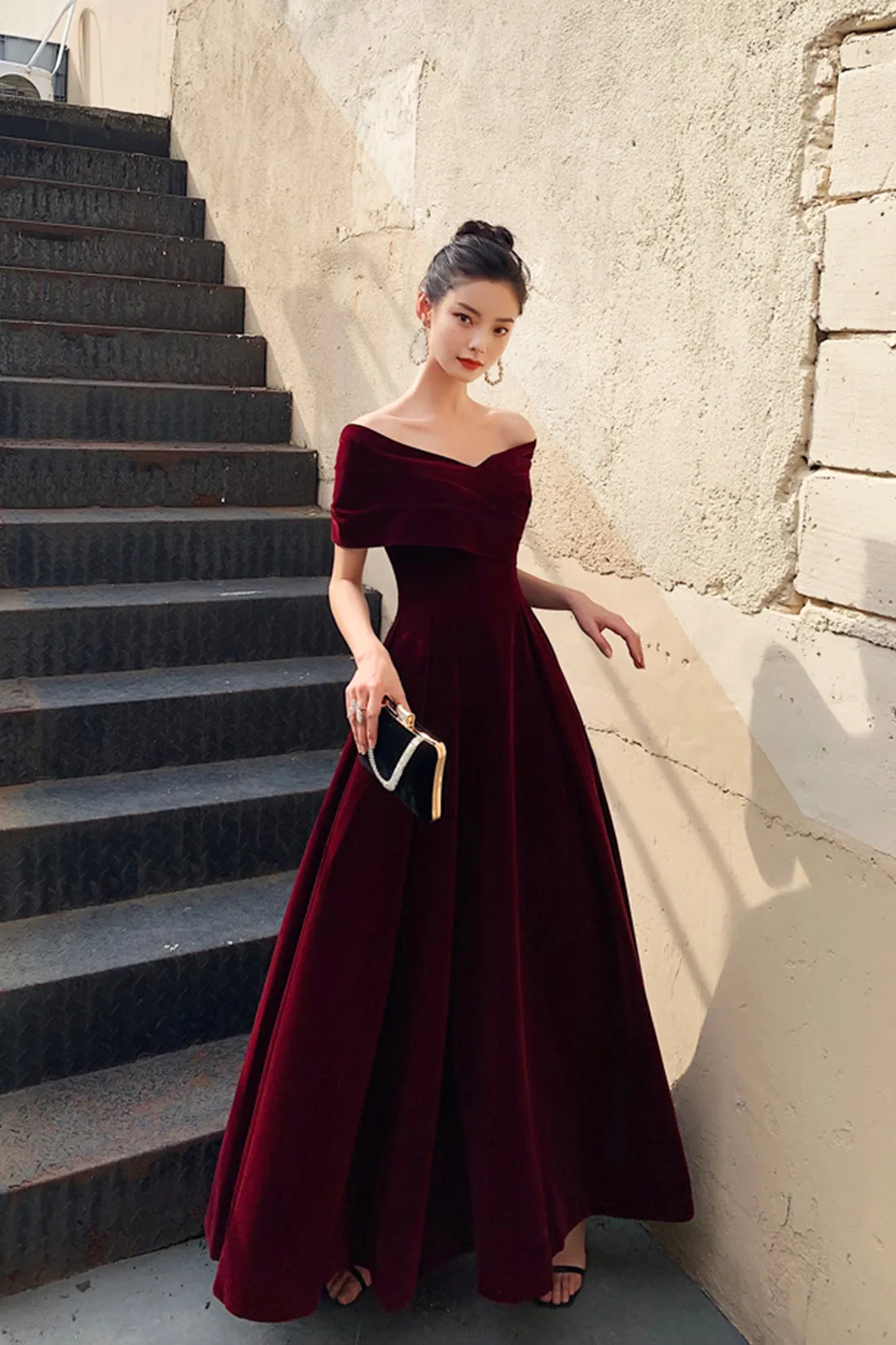 solvbao Burgundy V-Neck Velvet Long Prom Dress, Off Shoulder Evening Party Dress