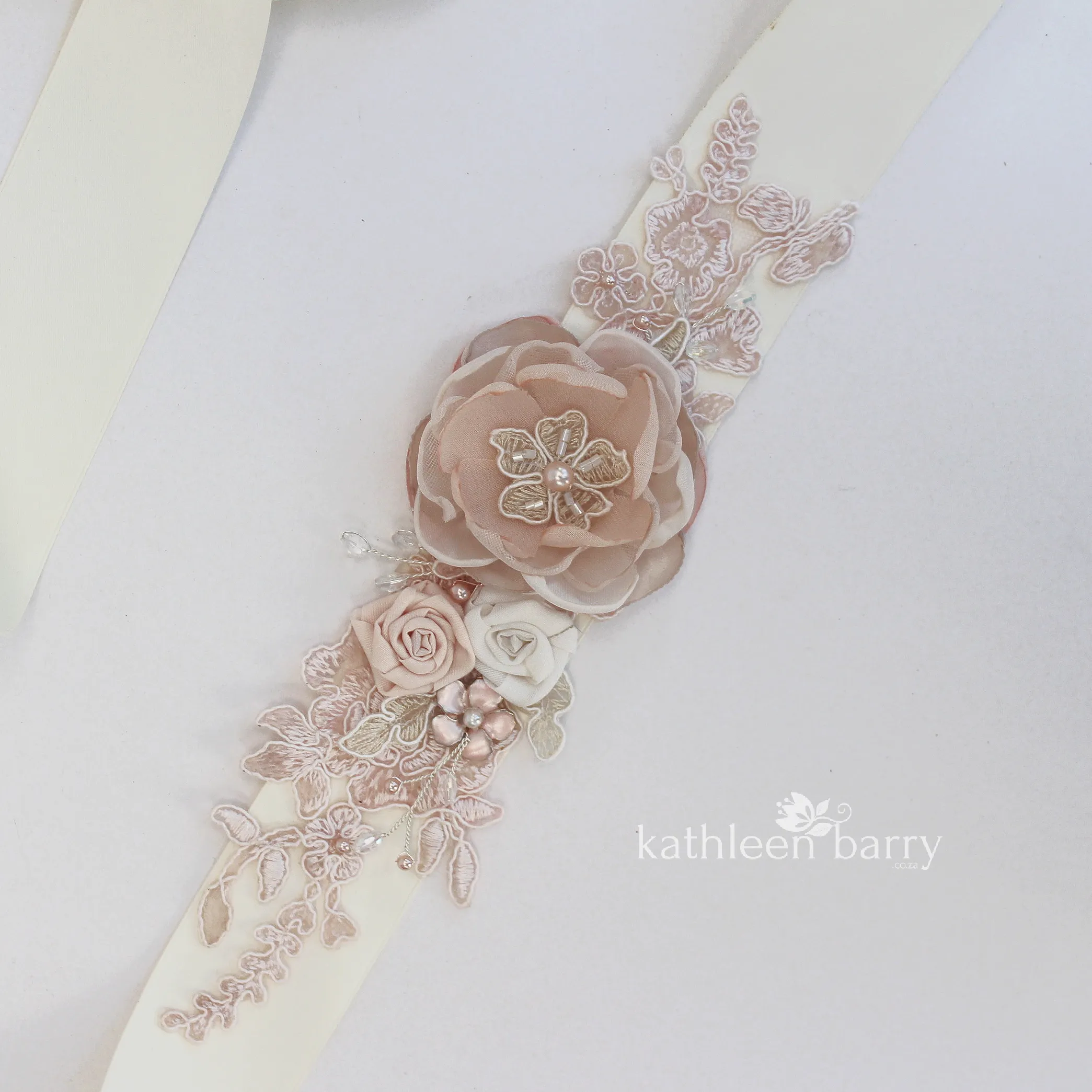 Sophia Wedding dress sash belt - floral with lace - Blush pink - soft pink